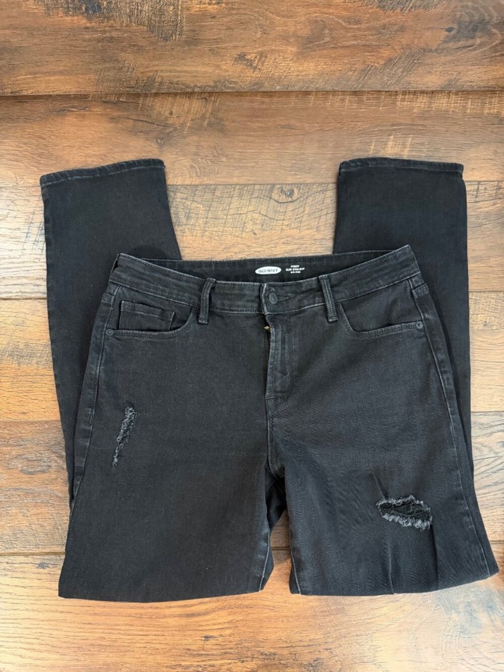 Old Navy Womens Black Distressed Slim Straight Mid-Rise Jeans Size 10
